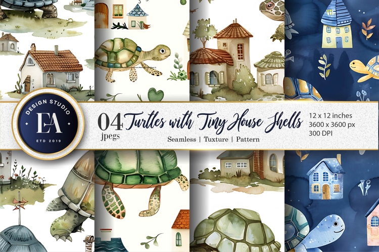 Turtles with Tiny House Shells Watercolor Digital Paper
