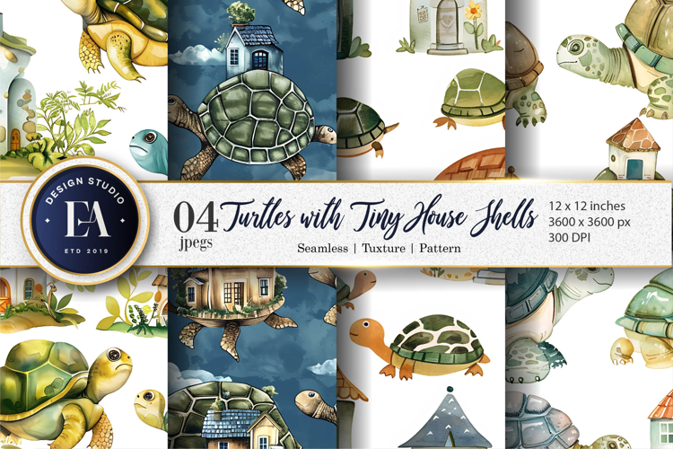 Turtles with Tiny House Shells Watercolor Digital Paper