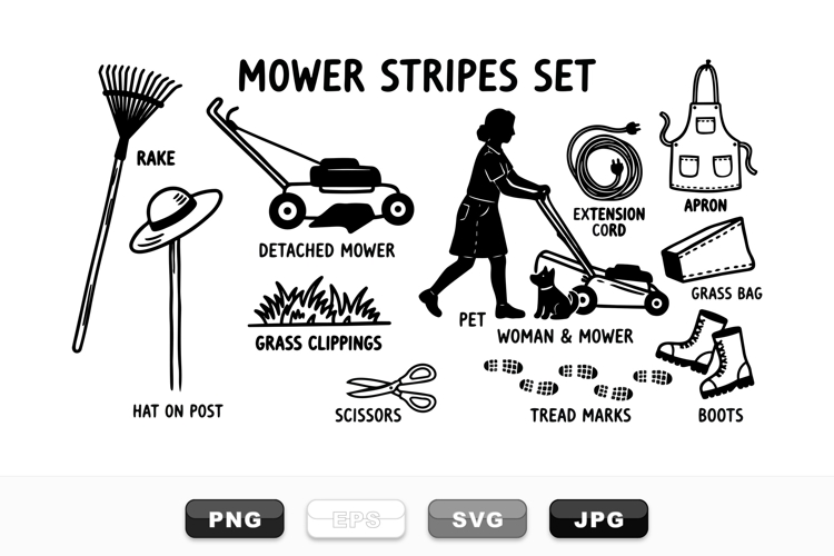 Hand Drawn Lawn Mower Tools and Gardening Set Bundle