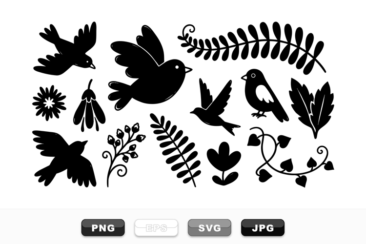Black Silhouette Birds And Leaves Clipart Set