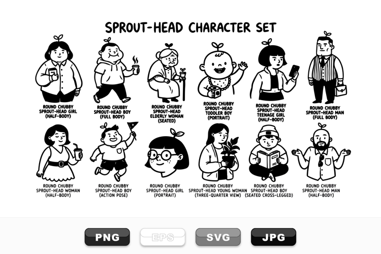 Chubby Sprout-Head Character Clipart Bundle for Crafts