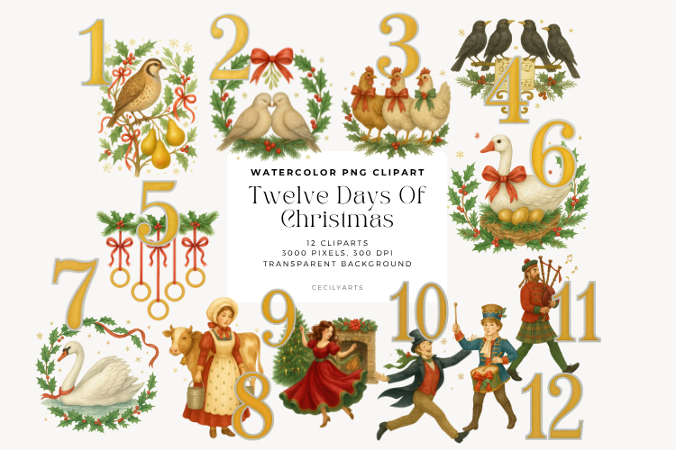 Twelve Days of Christmas Watercolor Clipart Set