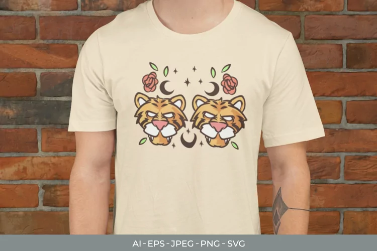 Twin Magical Tigers Flowers for T-Shirt