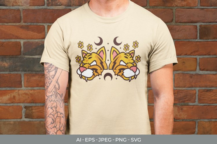 Twin Magical Tigers Flowers for T-Shirt example image 1