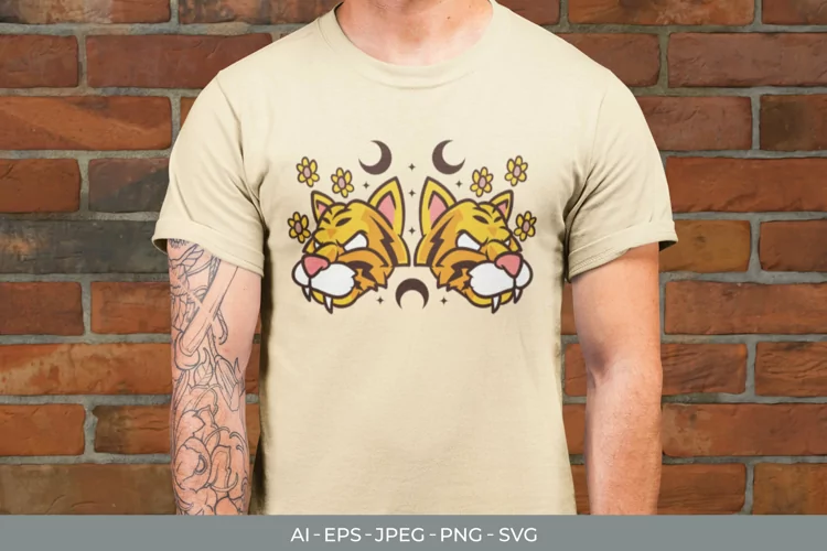 Twin Magical Tigers Flowers for T-Shirt