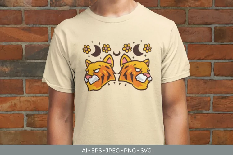 Twin Magical Tigers Flowers for T-Shirt