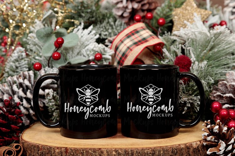 Two 11oz Black Mugs Christmas Mockup, Two Mugs example image 1