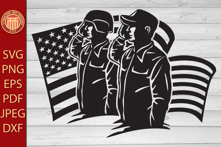 Two American Soldiers Saluting USA Flag