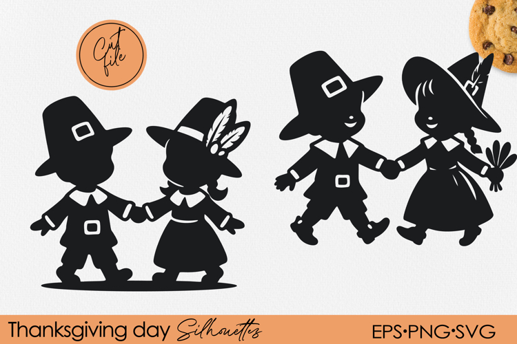 Cartoon Pilgrim Boy and girl Silhouette | Thanksgiving SVG