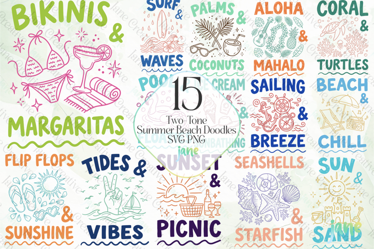 Two-Tone Summer Beach Doodles SVG PNG