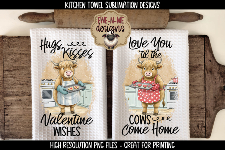 Valentine Highland Cows Sublimation Kitchen Towel Designs