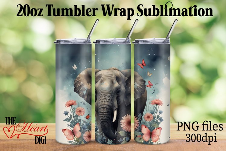 Elephant 20oz Tumbler Wrap PNG, Floral Elephant Tumbler PNG