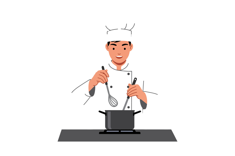 Chef stirring a pot with enthusiasm in a flat vector illustr
