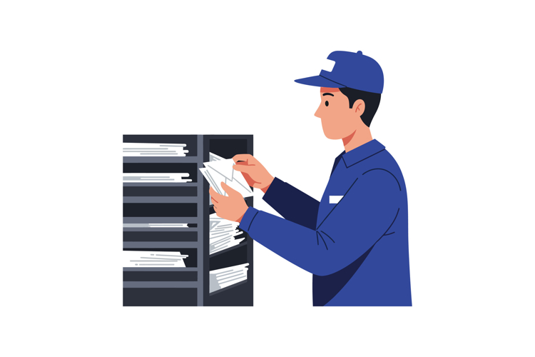A postal worker organizing mail in a modern office setting w