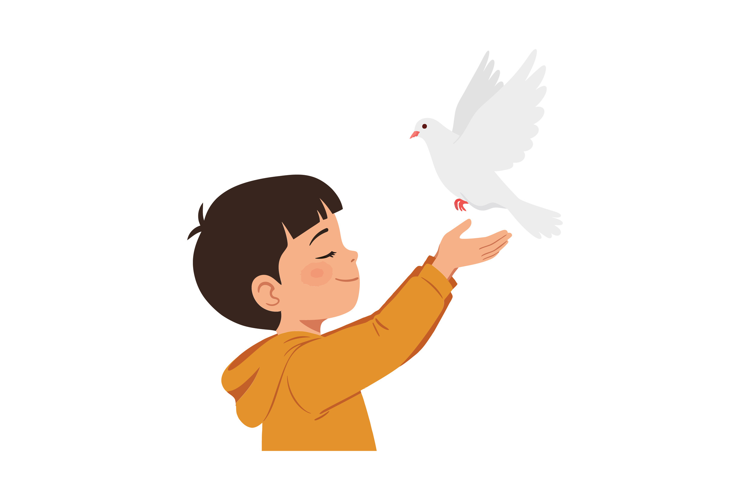 A young boy with a joyful expression releasing a white dove