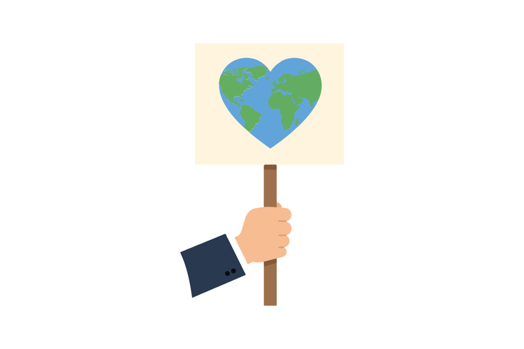 Hand holding sign with heart-shaped Earth illustration in fl