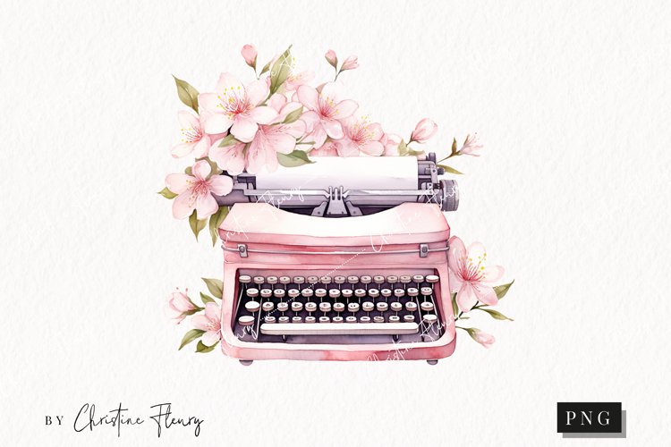 Watercolor Pink Typewriter PNG | Spring PNG example image 1