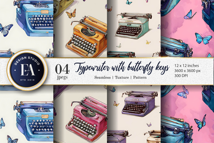 Watercolor Typewriters with Butterfly Key Digital Paper