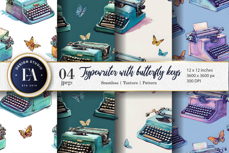 Typewriters with Butterfly Keys Watercolor Digital Paper