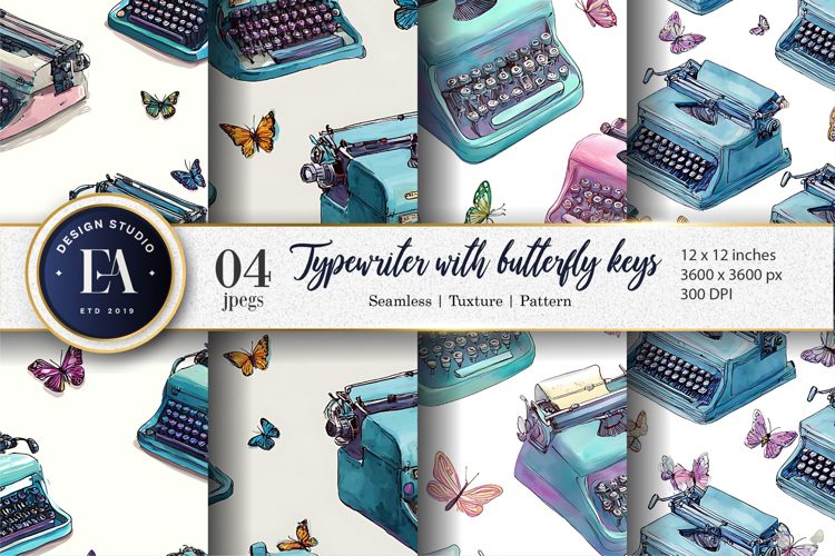 Typewriters with Butterfly Keys Watercolor Digital Paper