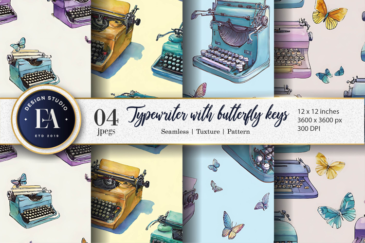 Watercolor Typewriters with Butterfly Key Digital Paper