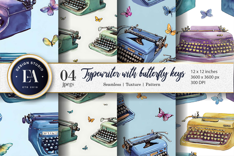 Hand-Painted Typewriters with Butterfly Keys Digital Paper