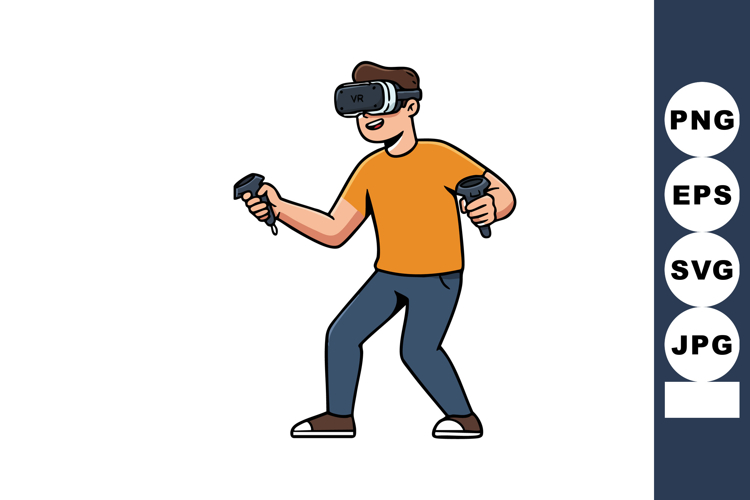 Man Using Virtual Reality Headset and Controllers Playing Ga