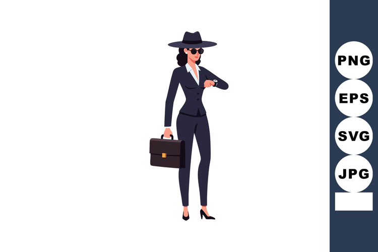 Businesswoman in black suit and wide hat carrying briefcase