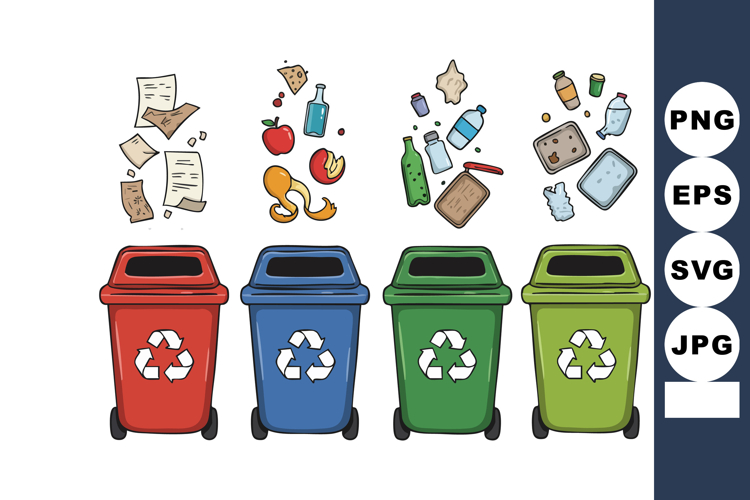 Recycling bins with sorting trash for paper plastic glass an