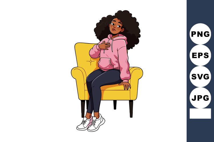 Young woman sitting on yellow armchair in pink hoodie casual