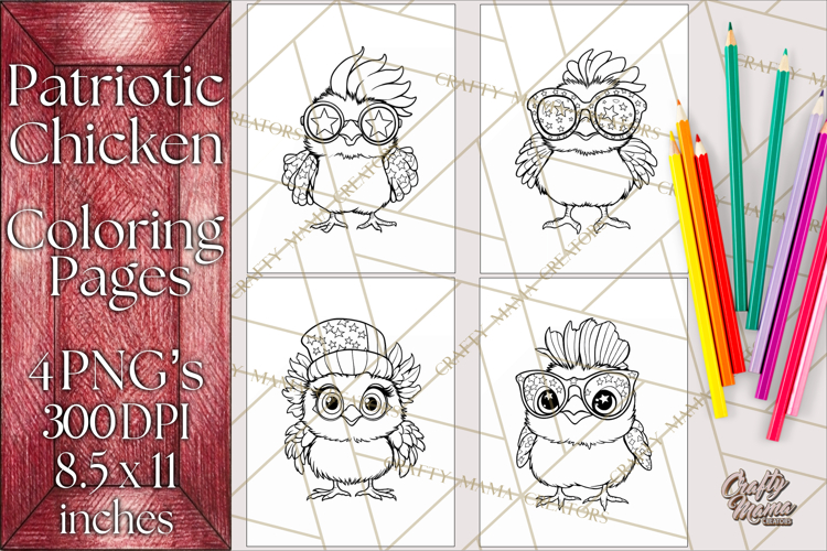 Patriotic Chicken Coloring Pages, Fourth of July PNG Files