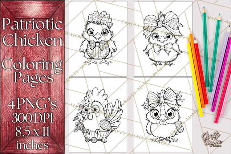 Patriotic Chicken Coloring Pages, Fourth of July PNG Files