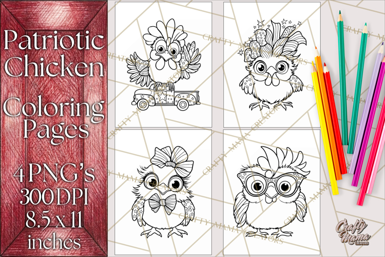 Patriotic Chicken Coloring Pages, Fourth of July PNG Files
