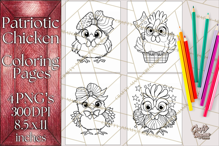 Patriotic Chicken Coloring Pages, Fourth of July PNG Files