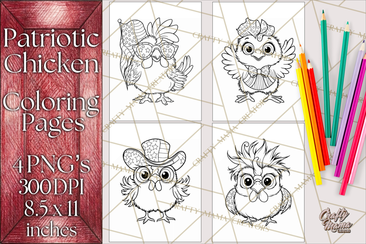 Patriotic Chicken Coloring Pages, Fourth of July PNG Files
