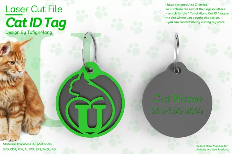U | Cat ID Tag | Cat ID Tag Slide On Collar| laser cut | SVG