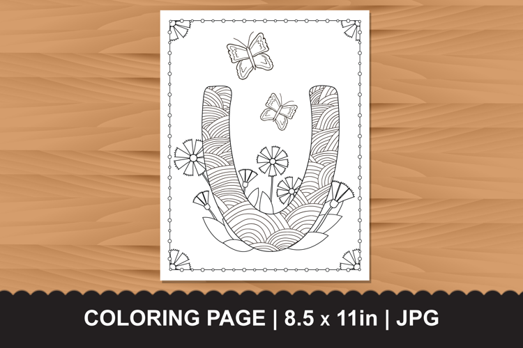 Letter U Coloring Page with Butterflies and Flowers