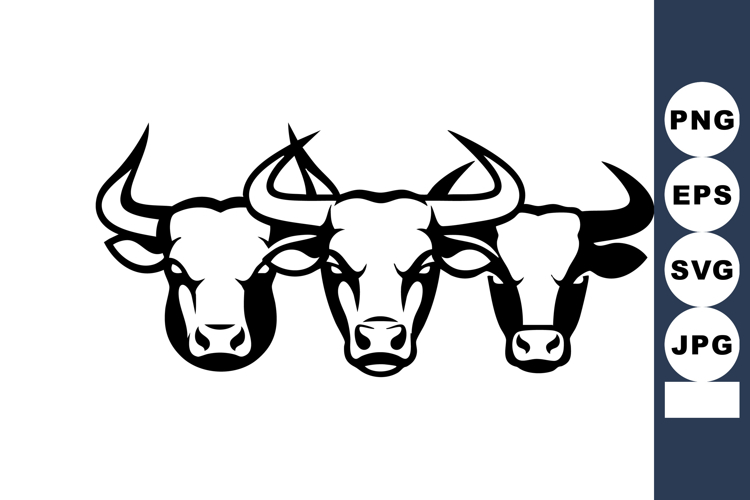 Three Bull Heads Black Silhouette Vector Illustration