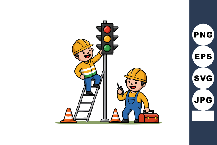 Construction workers repairing traffic light with safety con