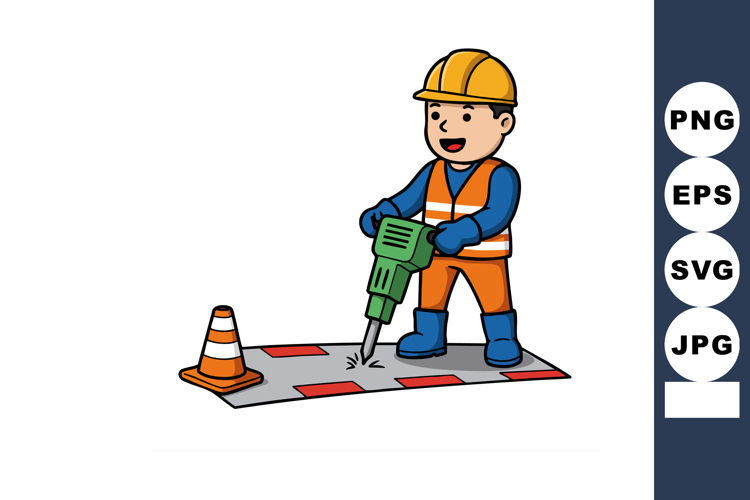 Construction worker using jackhammer on street with safety c