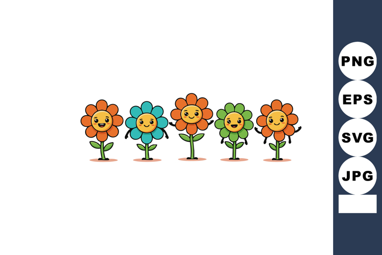 Smiling colorful cartoon flowers with orange green and blue