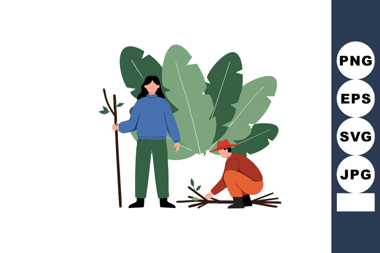 People gardening together with green leaves and sticks vecto