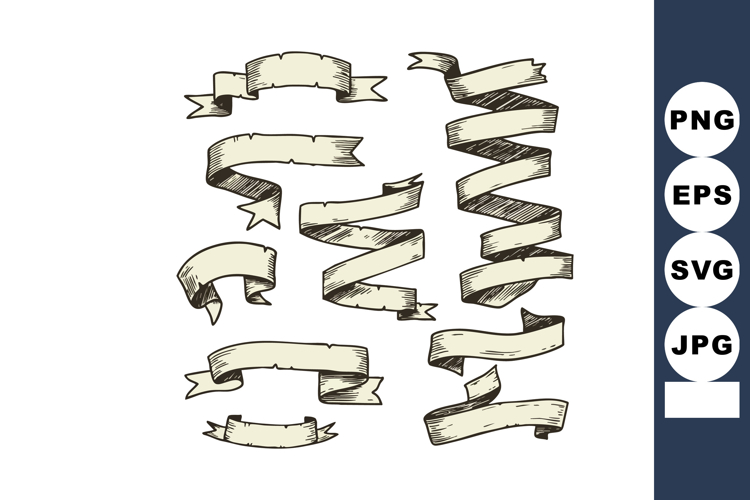 Vintage style hand drawn ribbon banners set vector illustrat