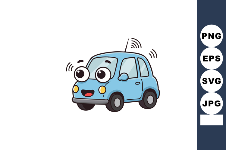 Cute blue cartoon car with big eyes and happy expression vec