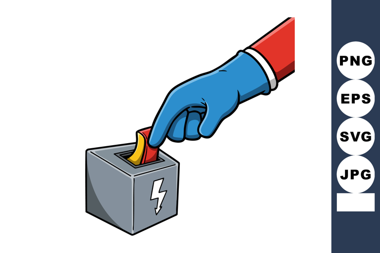 Hand wearing blue glove pulling red lever on grey power swit