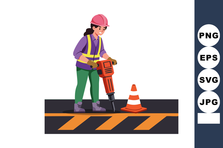Female Construction Worker Using Jackhammer on Road with Saf
