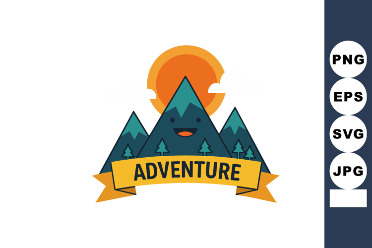 Adventure mountain landscape with sun and happy face banner