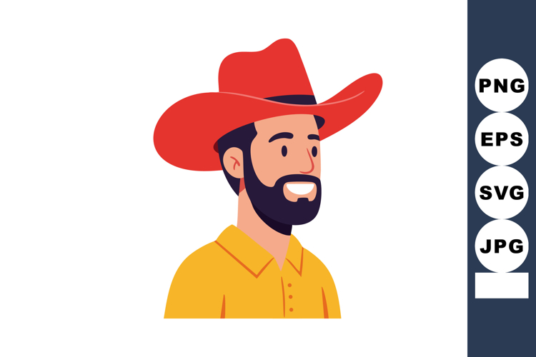 Bearded man wearing red cowboy hat and yellow shirt smiling