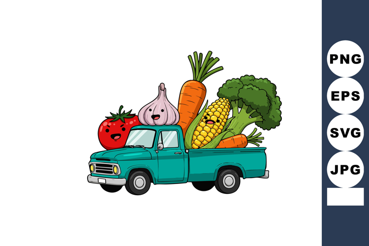 Cartoon pickup truck carrying fresh vegetables including tom