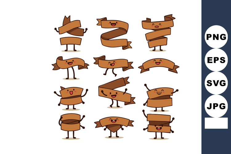 Cartoon brown ribbon banners with happy faces in various sha